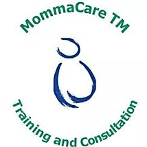Logo depicting a pregnant person with the words "MommaCare TM Training and Consultation" surrounding the figure